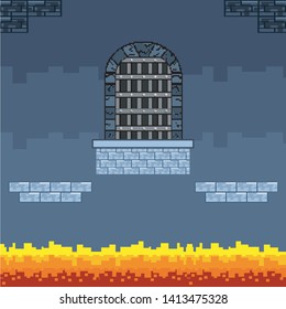 Arcade game world and pixel scene design  vector illustration