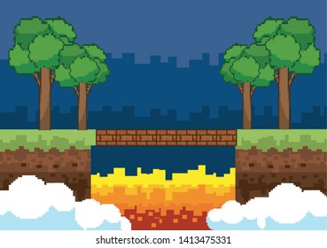 Arcade game world and pixel scene design  vector illustration