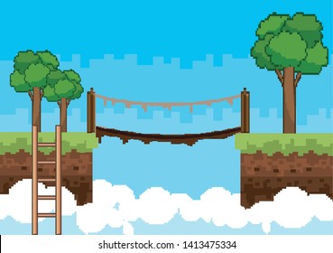 Arcade game world and pixel scene design  vector illustration