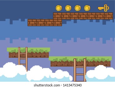 Arcade game world and pixel scene design  vector illustration