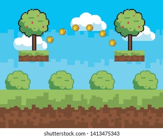 Arcade game world and pixel scene design  vector illustration