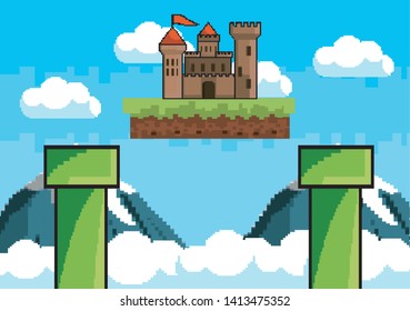 Arcade game world and pixel scene design  vector illustration