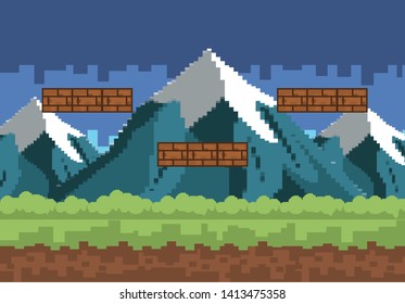 Arcade game world and pixel scene design  vector illustration