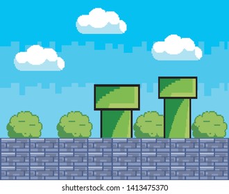Arcade game world and pixel scene design  vector illustration