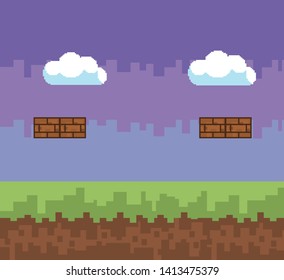 Arcade game world and pixel scene design  vector illustration