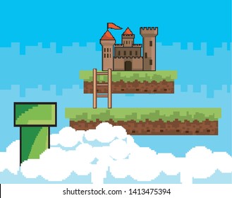 Arcade game world and pixel scene design  vector illustration