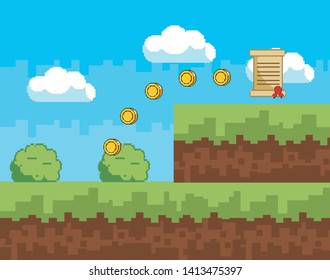 Arcade game world and pixel scene design  vector illustration