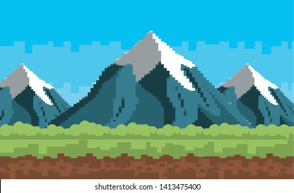 Arcade game world and pixel scene design  vector illustration