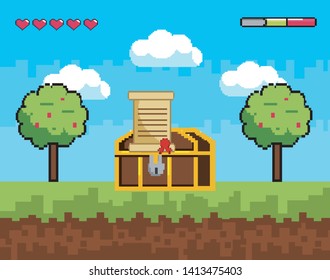 Arcade game world and pixel scene design  vector illustration