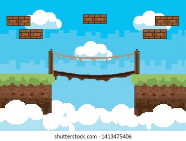 Arcade game world and pixel scene design  vector illustration