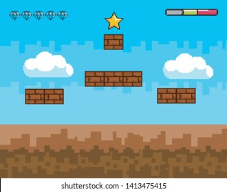 Arcade game world and pixel scene design  vector illustration