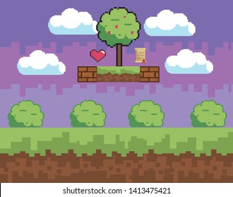 Arcade game world and pixel scene design  vector illustration