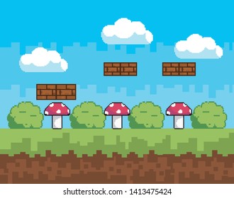 Arcade game world and pixel scene design  vector illustration