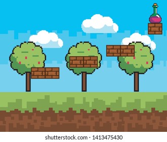 Arcade game world and pixel scene design  vector illustration