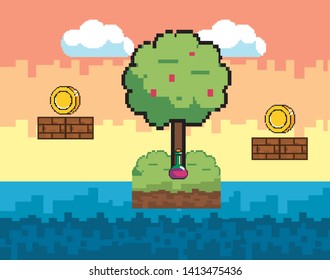 Arcade game world and pixel scene design  vector illustration