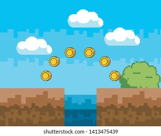 Arcade game world and pixel scene design  vector illustration