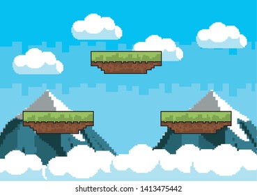 Arcade game world and pixel scene design  vector illustration