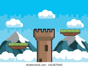 Arcade game world and pixel scene design  vector illustration