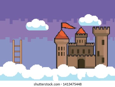 Arcade game world and pixel scene design  vector illustration