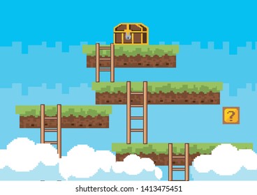 Arcade game world and pixel scene design  vector illustration