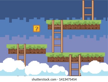 Arcade game world and pixel scene design  vector illustration