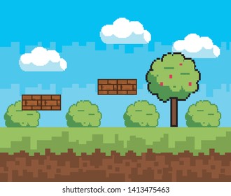 Arcade game world and pixel scene design  vector illustration