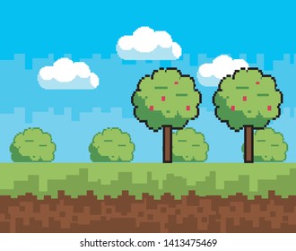 Arcade game world and pixel scene design  vector illustration