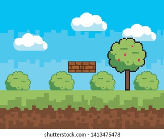 Arcade game world and pixel scene design  vector illustration