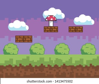 Arcade game world and pixel scene design  vector illustration