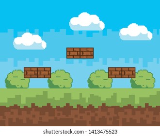 Arcade game world and pixel scene design  vector illustration