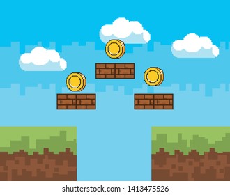 Arcade game world and pixel scene design  vector illustration