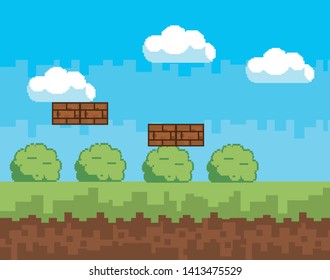 Arcade game world and pixel scene design  vector illustration