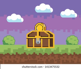 Arcade game world and pixel scene design  vector illustration