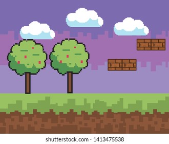 Arcade game world and pixel scene design  vector illustration