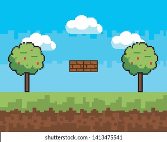 Arcade game world and pixel scene design  vector illustration