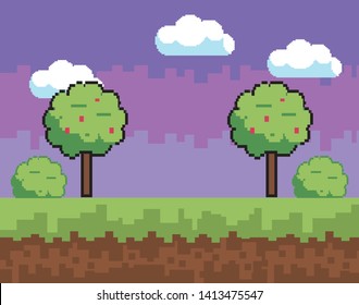 Arcade game world and pixel scene design  vector illustration