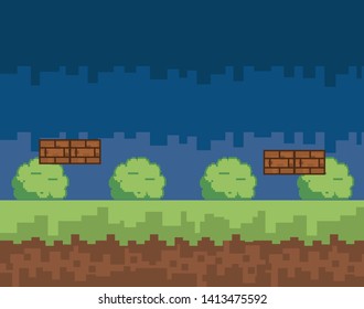 Arcade game world and pixel scene design  vector illustration