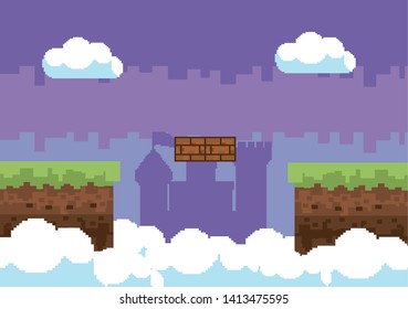 Arcade game world and pixel scene design  vector illustration