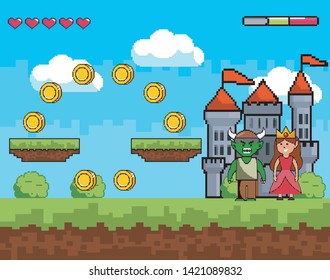 Arcade game world and pixel scene design