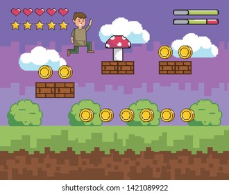 Arcade game world and pixel scene design