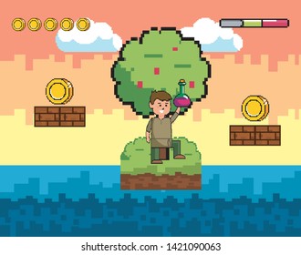 Arcade game world and pixel scene design