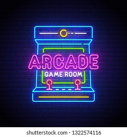 Arcade Games Neon Sign, Bright Signboard, Light Banner. Game Logo Neon, Emblem. Vector Illustration