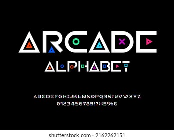 Arcade gaming style font design with uppercase, numbers and symbol