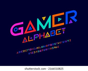 Arcade gaming style font design with uppercase, numbers and symbol