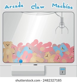 Arcade grab claw slot machine with bear toys realistic vector illustration. Grabber grabbing game automatic entertainment device with button and control lever amusement prize win gamble attraction