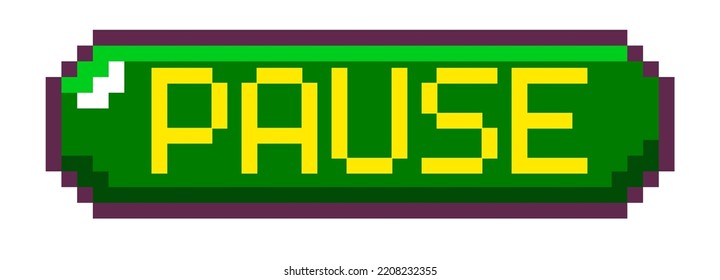 Arcade-Grafik und Interface, isolierte Taste mit einer Pause und Lebenslauf. Pixel Text in grüner Box, Kopienraum. Pixelkunst, 8-Bit-Retro-Grafik, altes Spieldesign. Vektorgrafik im Flachstil