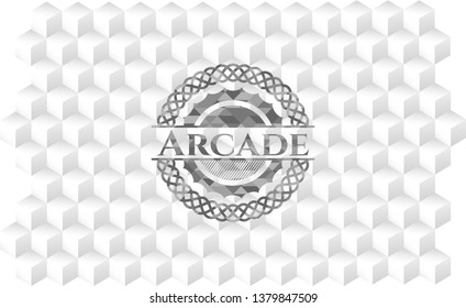 Arcade grey badge with geometric cube white background