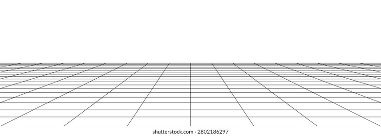 Arcade grid floor and lab ai perspective ground. 3D y2k game line bg, one vanishing point infographic. Space isometric pattern, simple black tile. Math flat podium in minimal vortex futuristic effect