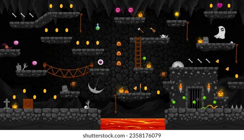 Arcade Halloween horror cave landscape, game level map interface, vector platforms and ghosts, sweets, stairs and coins. Halloween cartoon game background with pumpkins, coin rewards and bones bonus