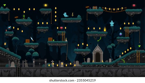 Arcade Halloween noche cementerio nivel de juego interfaz con plataformas y fantasmas, fondo vectorial. Salones y monedas de juegos de la galería de Halloween, piedras de tumbas y tumbas con escaleras y plataformas de salto